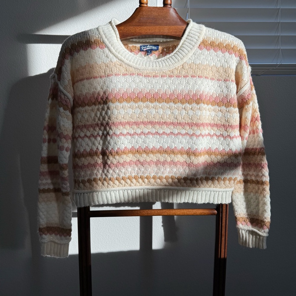 Freshman Cropped Fair Isle Knit Sweater Cream Pink Tan Cozy Cottagecore Sz S Y2K